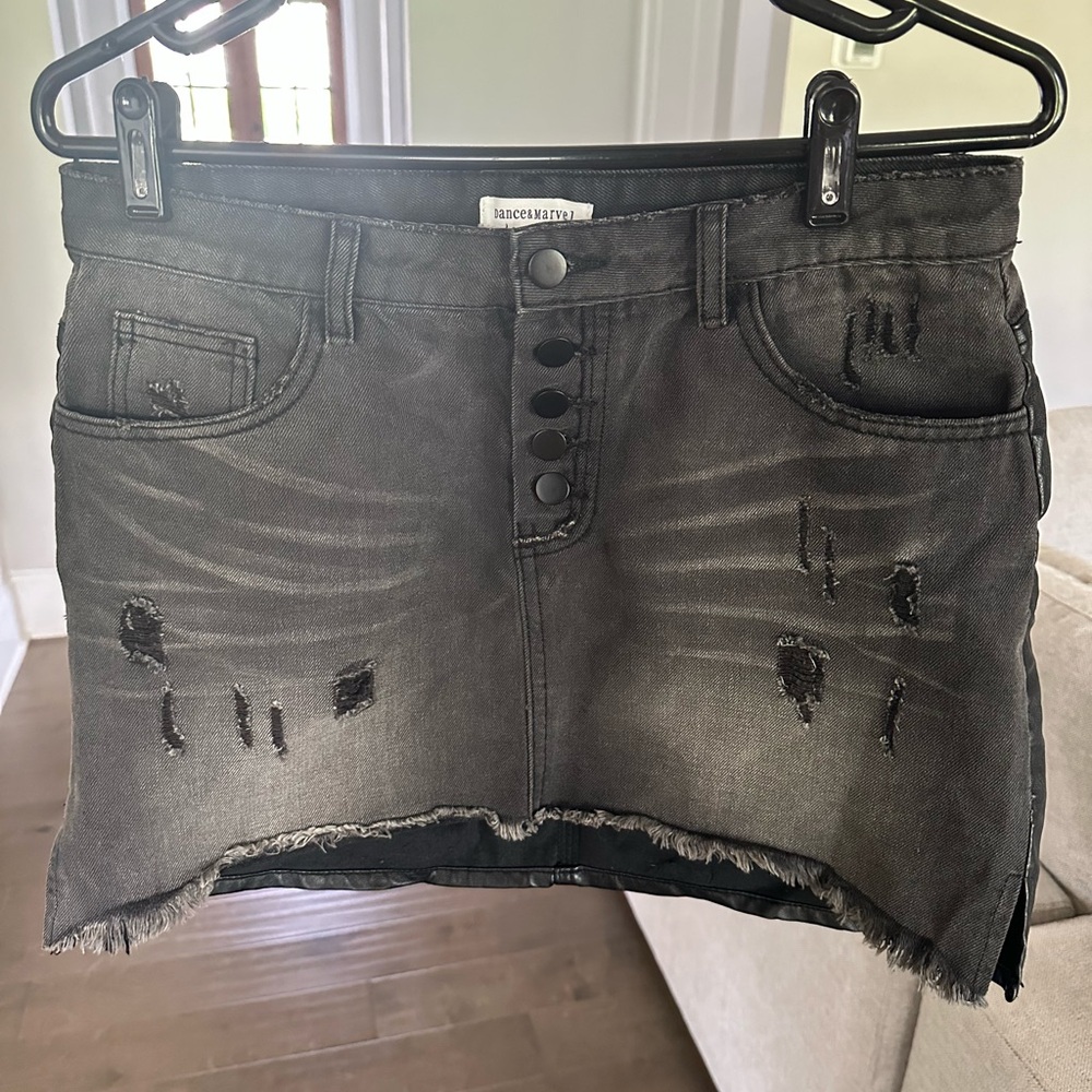 Black Distressed Denim/Leather Skirt